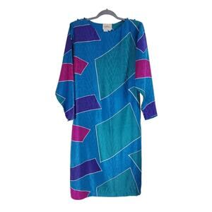 100% Silk Sphere Vibrant Geometric 80s Blue/Purple Tie-Waist Vintage Dress, Sz 8